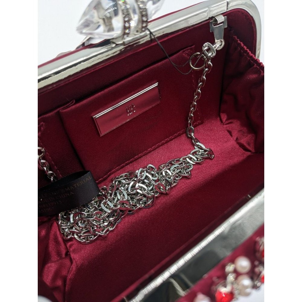 INC Ranndi beaded embellished crystal clutch minaudiere - RED/SILVER - Picture 10 of 14